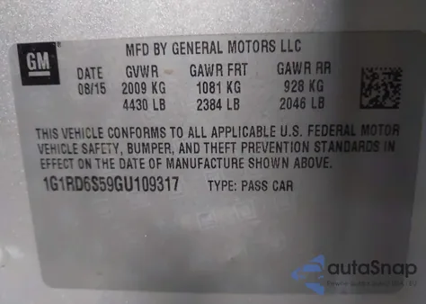 2016 Chevrolet Volt Premier z USA, uszkodzony, nr VIN 1G1RD6S59GU109317